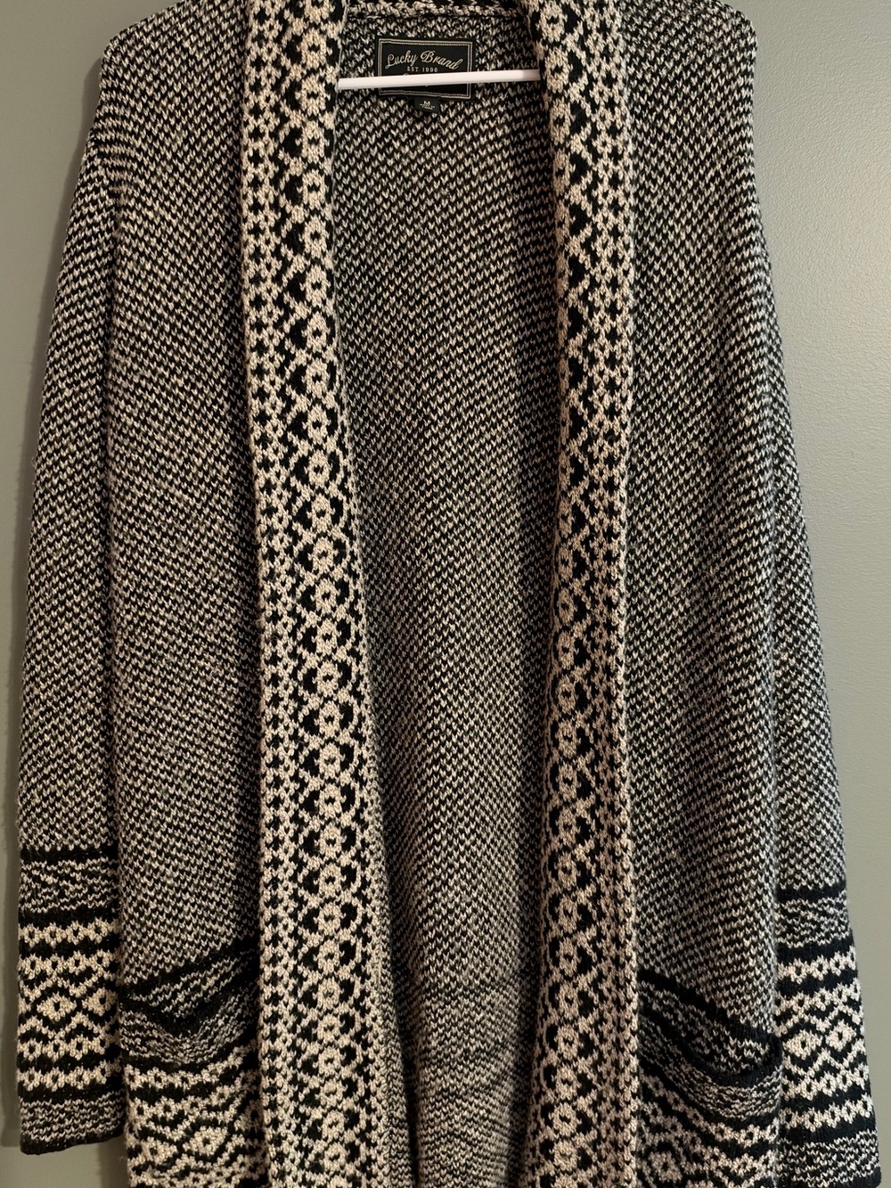Lucky Brand Black and Cream Patterned Open-Front Cardigan